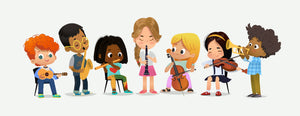 children playing various instruments including a guitar, saxophone, flute, clarinet, cello, violin, and a trumpet.  