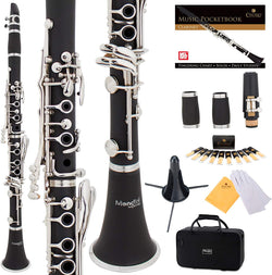 Mendini by Cecilio B Flat Beginner Student Clarinet with 2 Barrels, Case, Stand, Book, 10 Reeds, Mouthpiece and Warranty